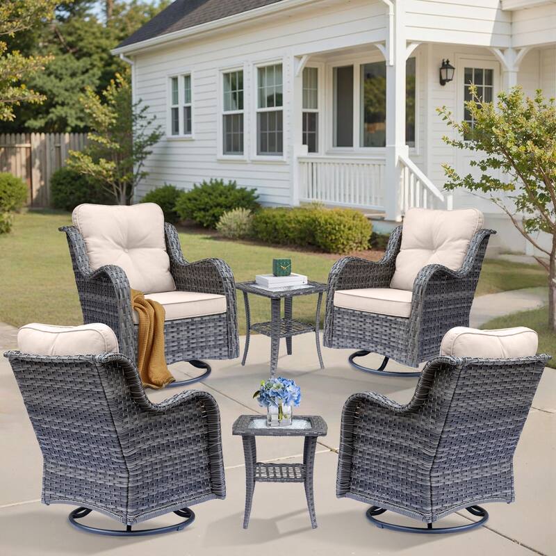 Wicker Patio Furniture Set-Outdoor Patio Conversation Seating Sets - 6 Piece-2 - Beige/Gray Wicker