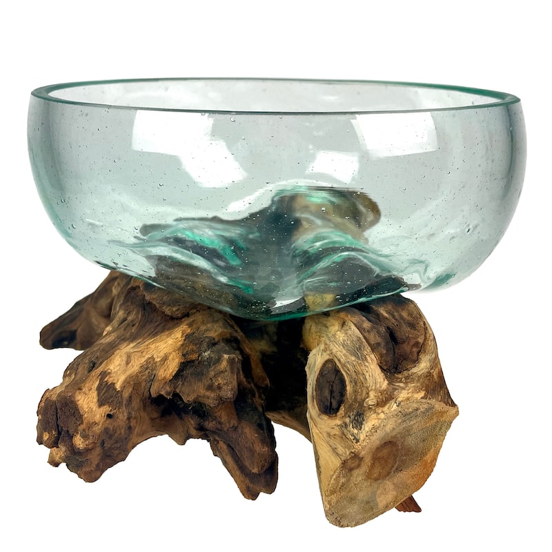 Molten Glass Bowl On Driftwood 10" Hand Blown Decorative Centerpiece