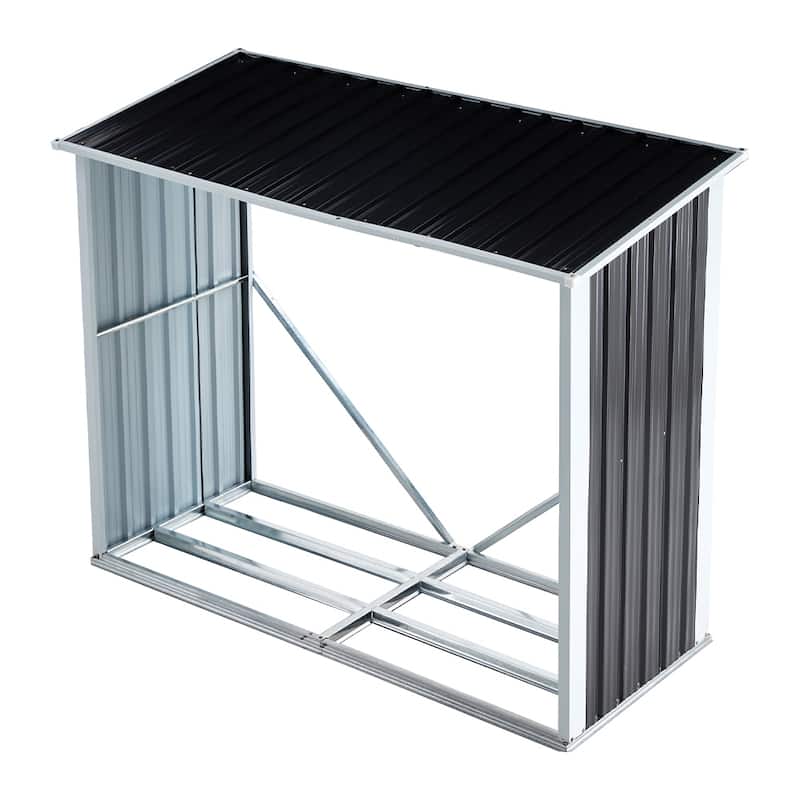 Galvanized Steel Outdoor Firewood Rack Log Holder Storage Shed w/Roof