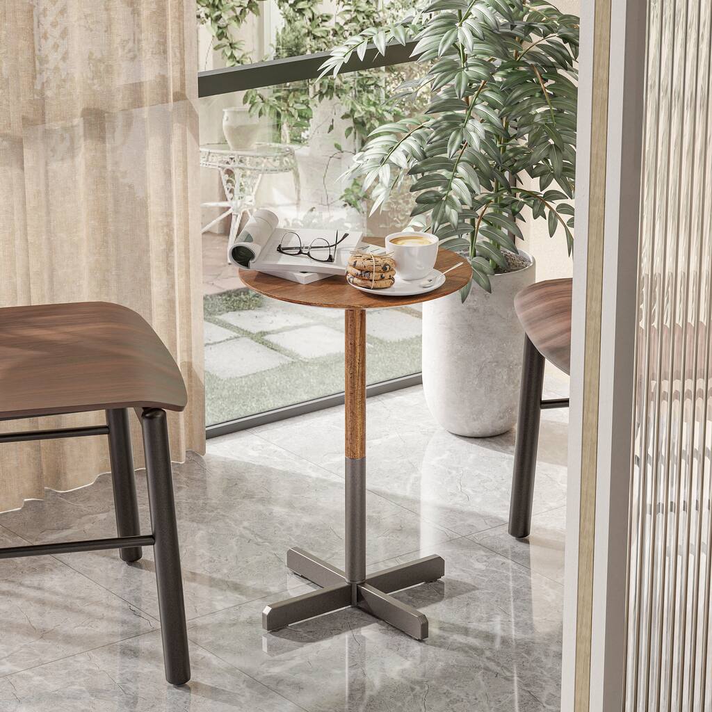 COZAYH Small Pedestal End Table, Modern Drink Table with Solid Fir Wood Table Top and Metal Base, light walnut & Dark Grey