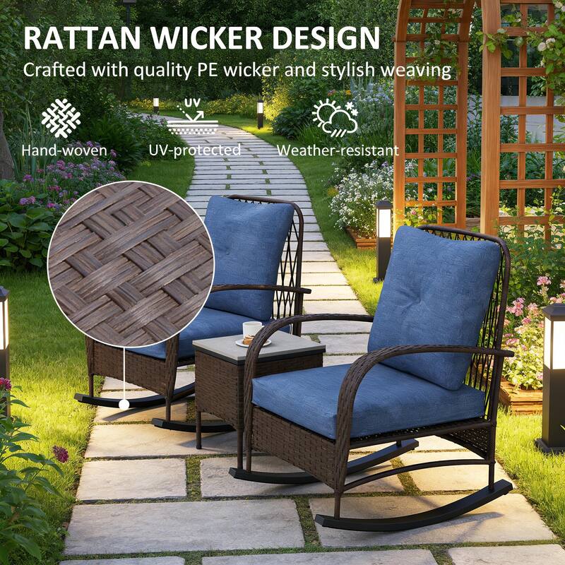 GDFStudio - Outdoor Wicker Rocking Bistro Set with Cushioned Chairs & Table
