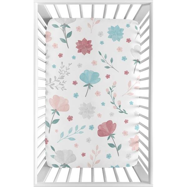 slide 2 of 3, Pop Floral Rose Flowers Baby Girl Fitted Mini Portable Crib Sheet - Blush Pink Teal Turquoise Blue Grey Flower Boho Shabby Chic