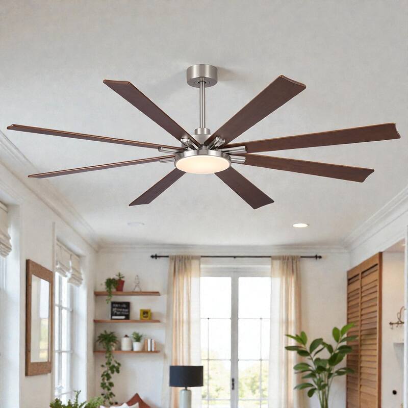 72 Inch Modern Minimalist Ceiling Fan with Light, Solid Wood Blades, Quiet Reversible DC Motor, Remote, 6 Speeds - Brushed Nickel
