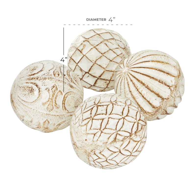 Ceramic Handmade Carved Decorative Ball Orbs & Vase Filler with Varying Patterns - Set of 4 White - Roche River Décor.