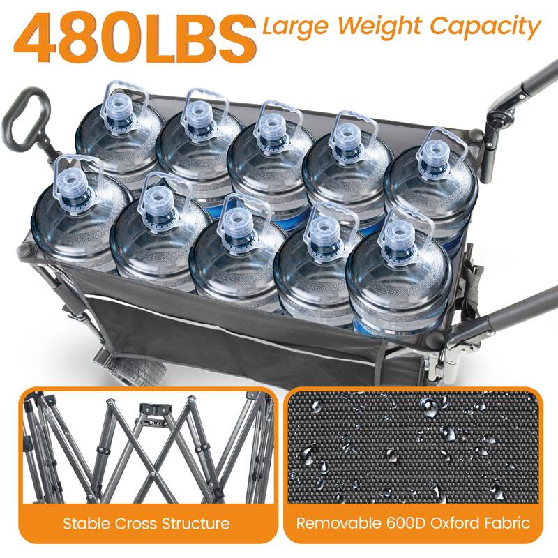 Multi-Functional Push-Pull Folding Wagon Cart with Rotating Handle & Canopy,7"x4"All-Terrain Wheels & Brakes,300L Large Capacity