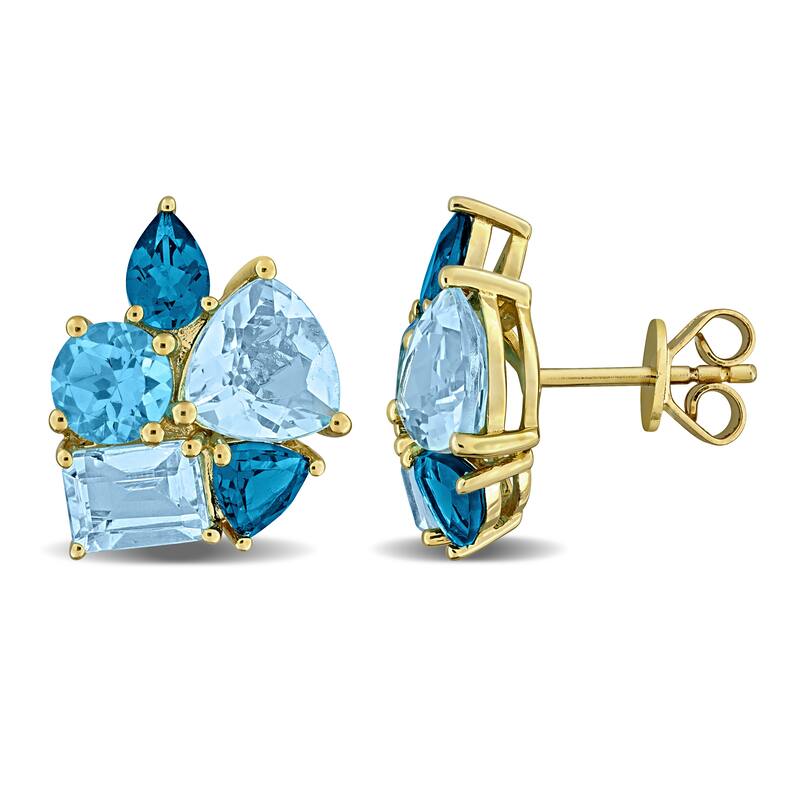 Miadora 10 7/8ct TGW Sky Swiss and London Blue Topaz Cluster Stud Earrings Yellow Silver