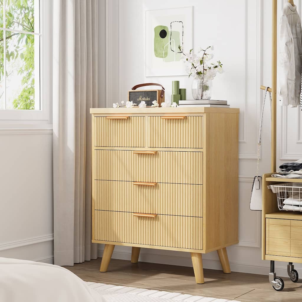 Gymojoy Fluted 5 Drawer Dresser, Modern Wood Chest of Drawers, Closet Dresser Organizer