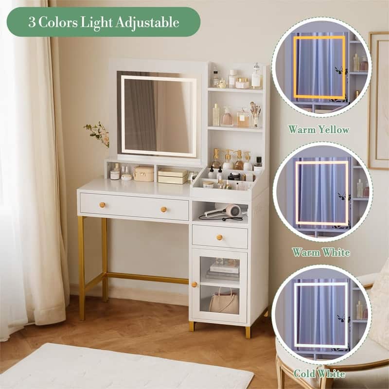 Makeup Vanity Desk with Adjustable LED Mirror, 2 Drawers, Shelves & Charging Station