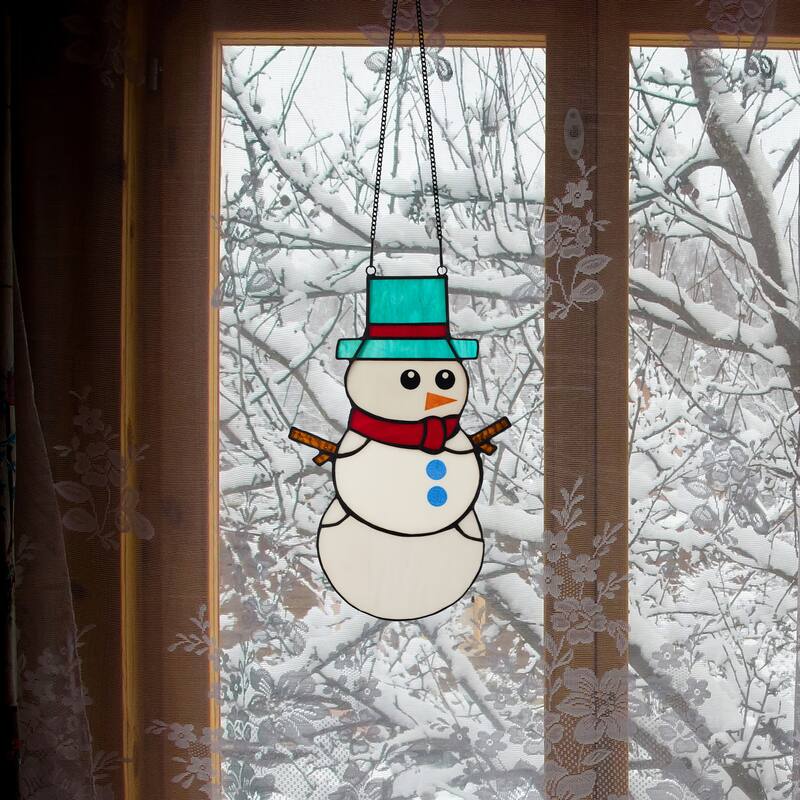 River of Goods 12-Inch Holiday Snowman Stained Glass Window Panel - 7.5" x 0.25" x 12"