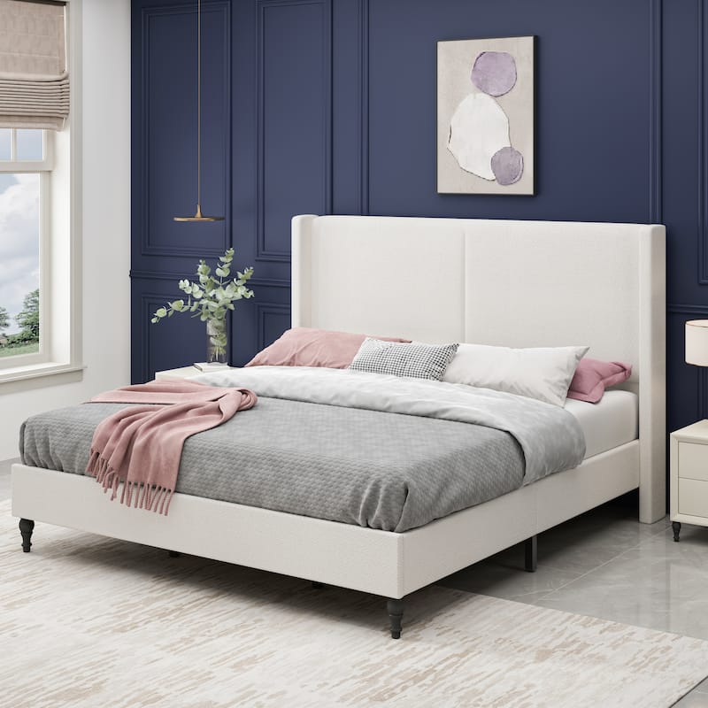 Bed Frame With 55.5" High Back Upholstered Headboard - 12 Slat Support, Thickened Side Panels,No Box Spring Needed