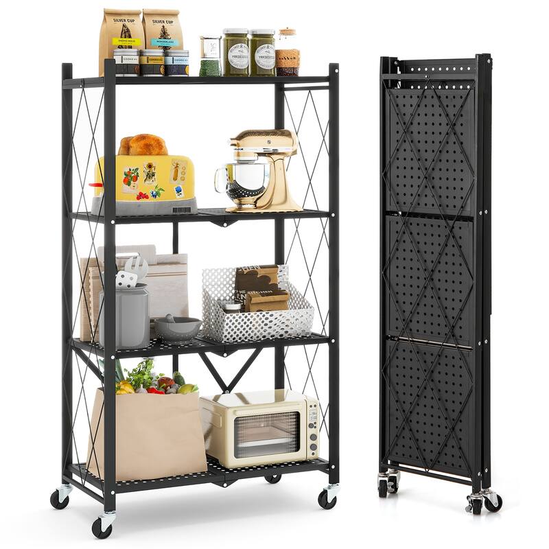 Gymax 4-tier Foldable Storage Shelving Unit w/4 Universal Wheels for - Kitchen Cart - Black