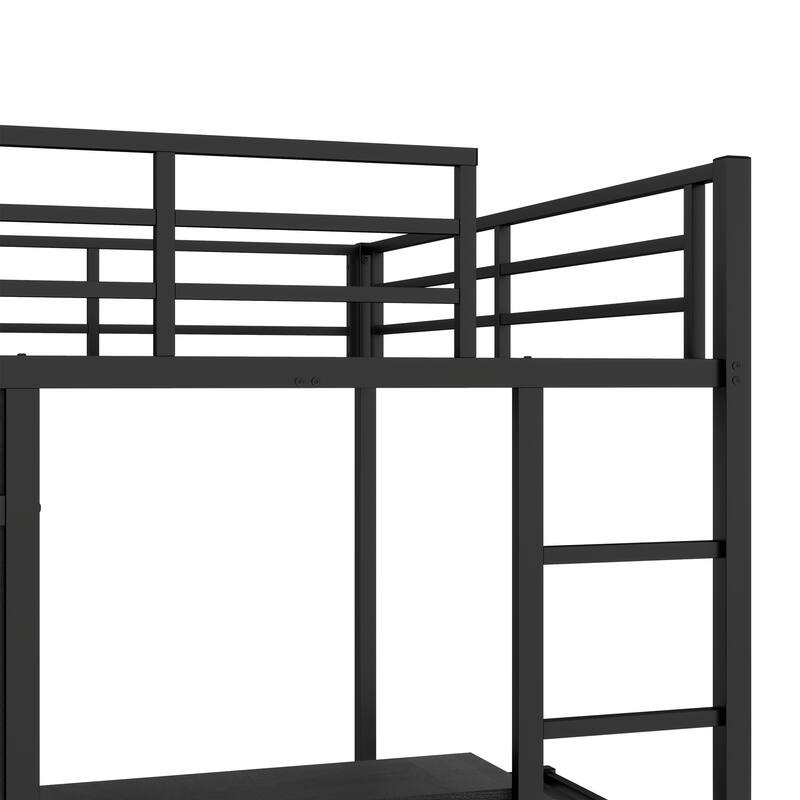 Roomfitters Full XL over Twin Metal Bunk Bed with Folding Desk, Built-in Closet & LED Lighting, Space-Saving Frame, Black