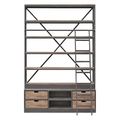 96 Inch Bookcase with Ladder, 4 Drawers, 7 Shelves, Distressed Black Iron