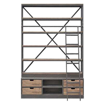 96 Inch Bookcase with Ladder, 4 Drawers, 7 Shelves, Distressed Black Iron