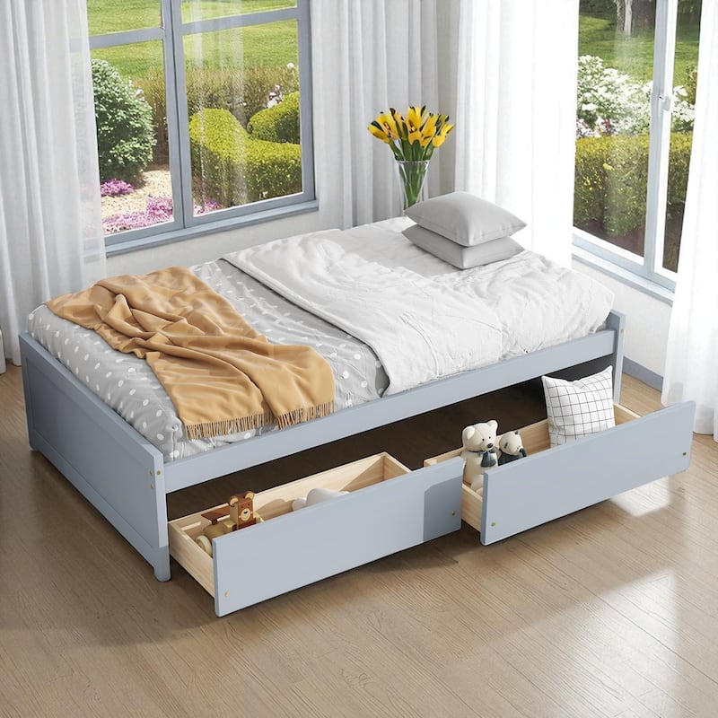 Twin Bed with Storage Drawers, Solid Rubberwood Platform, 10 Slats, No Box Spring Needed, Kids & Guest Room, 76.6"x41.6" - Grey - Twin