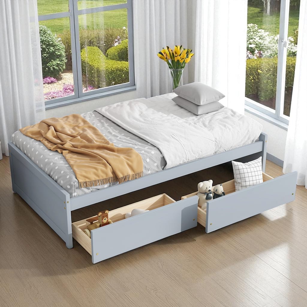 Twin Bed with Storage Drawers, Solid Rubberwood Platform, 10 Slats, No Box Spring Needed, Kids & Guest Room, 76.6"x41.6"