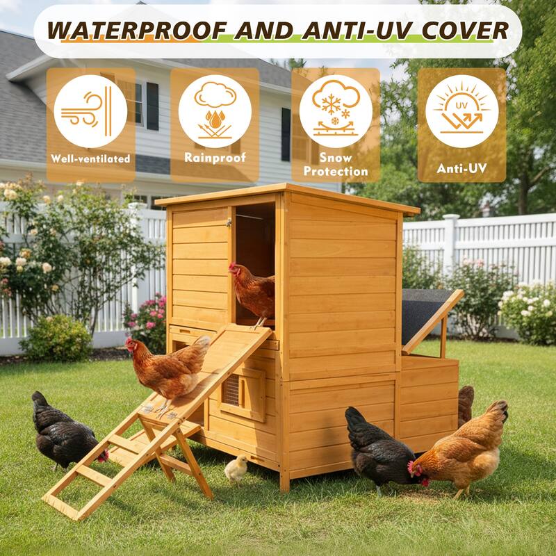 Chicken Coop, Double-House Wooden Chicken Coop For 6-8 Chickens With 3 Nesting Boxes And 2 Pull-Out Trays, A Foldable Ramp