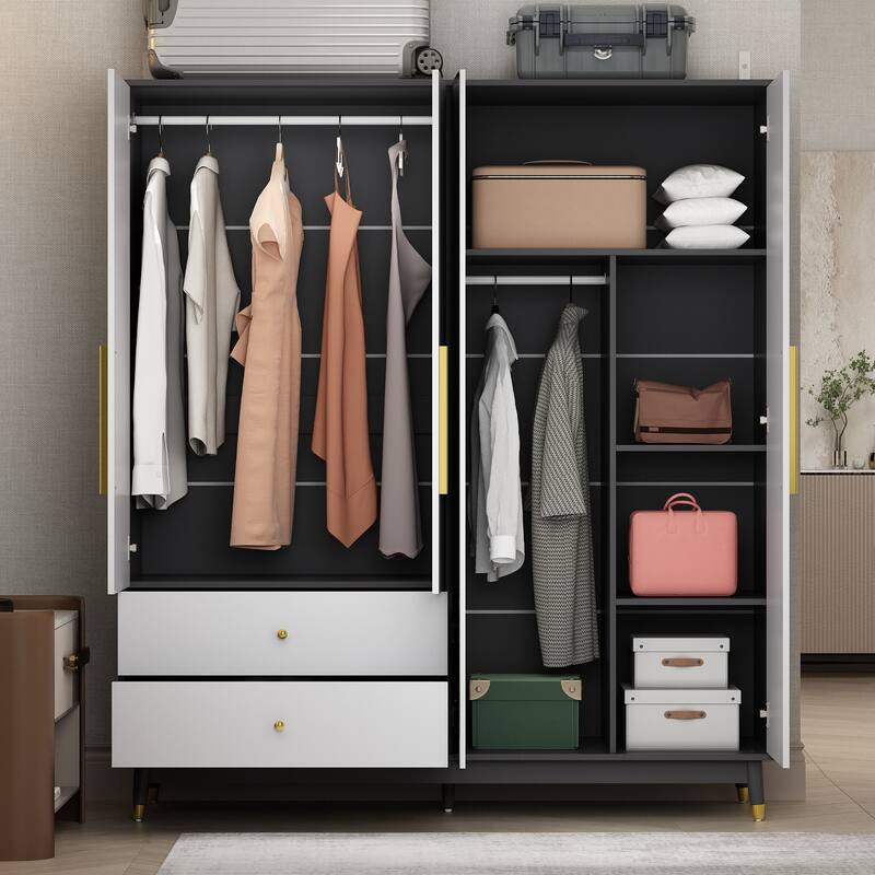 Wooden 2 Drawers 4 Doors Wardrobe Armoire With Mirror (Gray/Black)