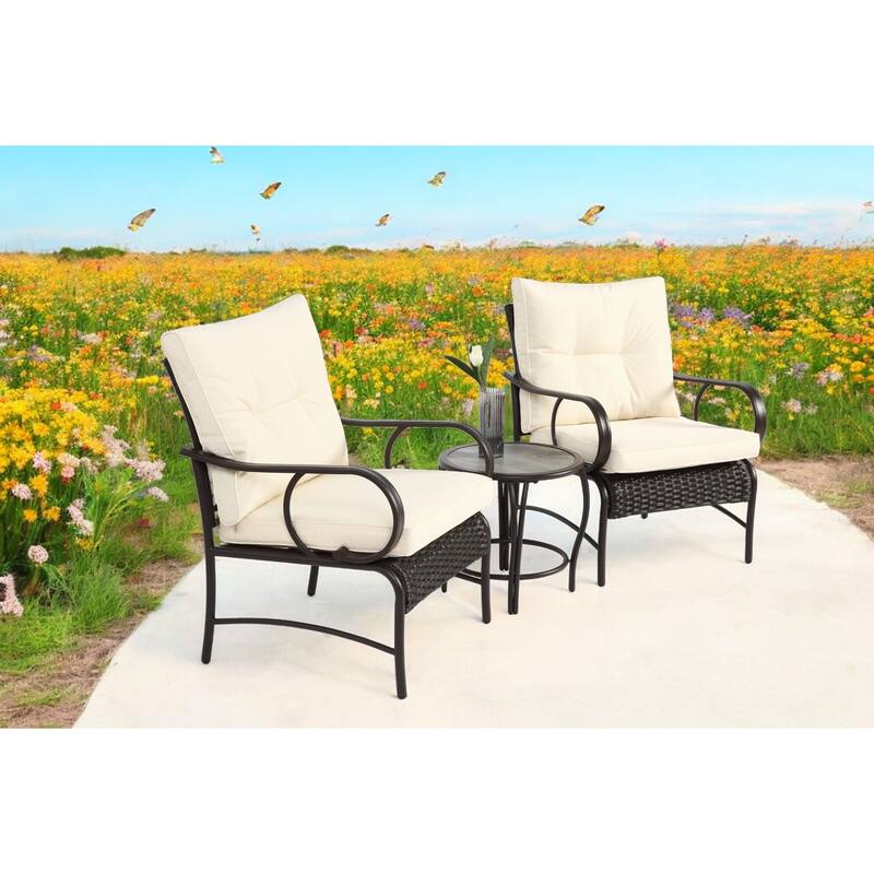 3-Piece Outdoor Wicker Patio Set with Cushions and Coffee Table – Furniture Set/Chair Set for Patio, Garden, or Poolside