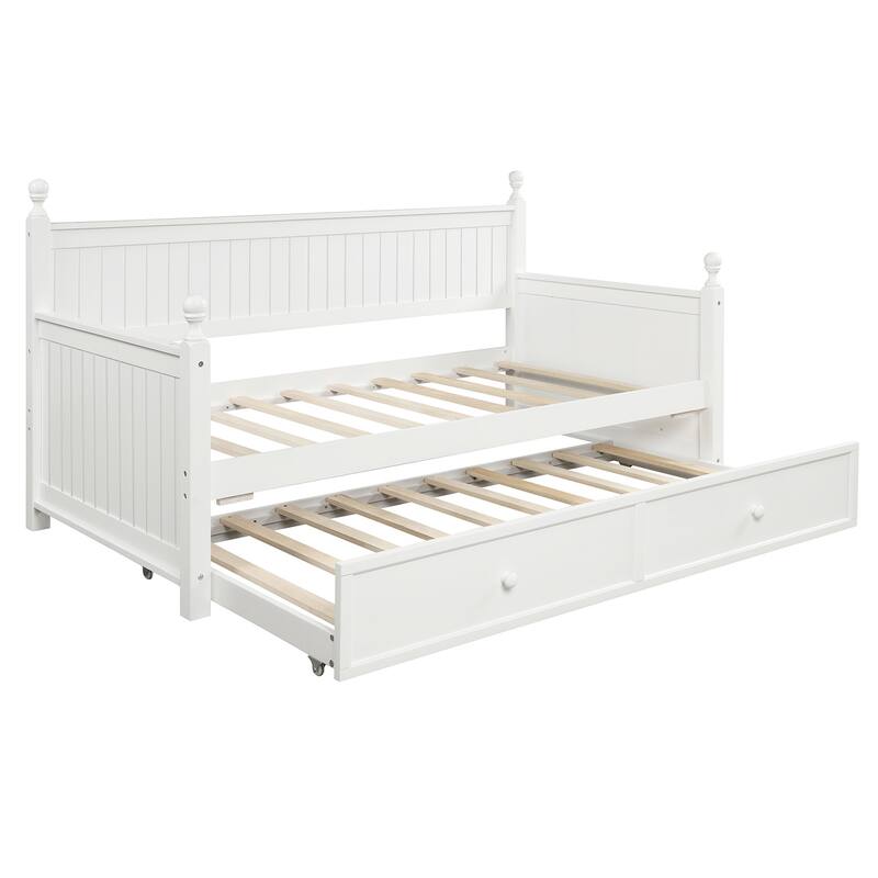 Twin Size White Wood Daybed with Trundle, Space-Saving Dual-Use Bed Frame