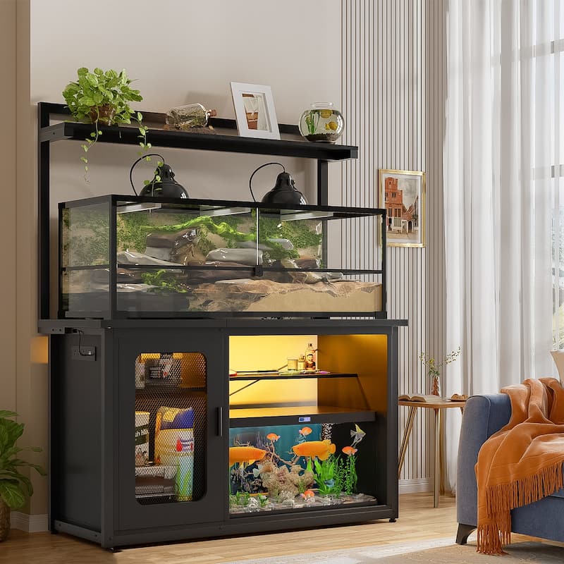 Heavy Duty Aquarium Stand with Reversible Cabinet, 55-75 Gallon Fish Tank Stand with Power Outlets & LED Light - Black