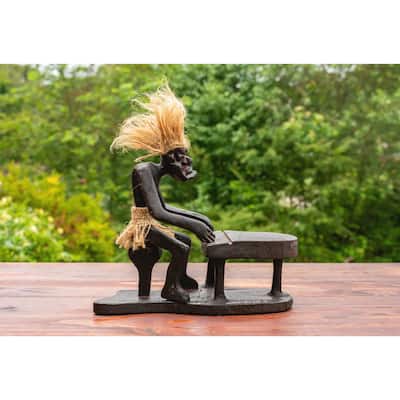 Handmade Wooden Primitive Tribal Funny Statue Playing Piano Sculpture Tiki Bar Handcrafted Unique Gift Art Decorative Home De