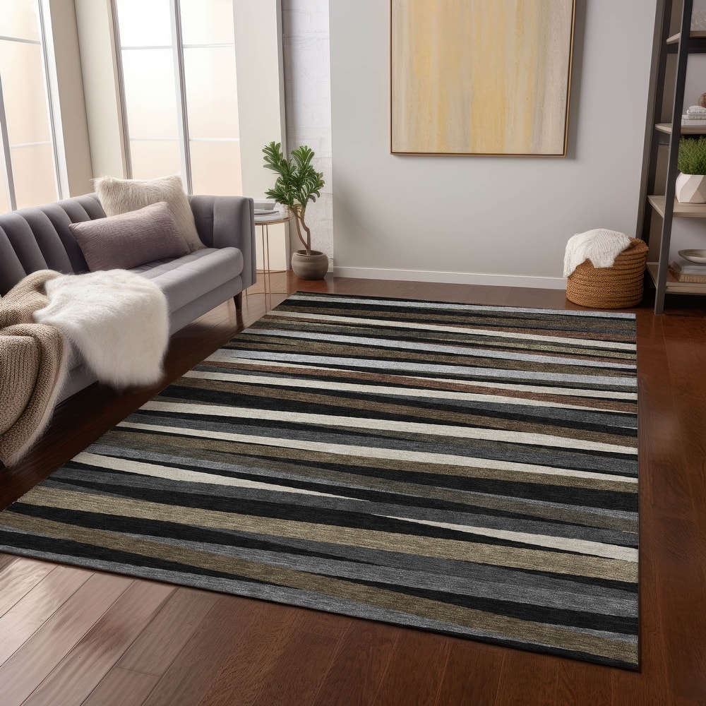 Machine Washable Indoor/ Outdoor Modern Stripes Chantille Rug