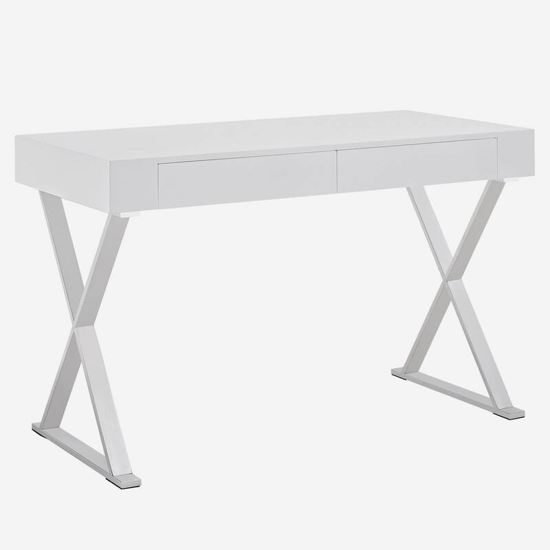 Parker Modern White High Gloss Home Office Computer Writing Desk with Silver Metal Legs