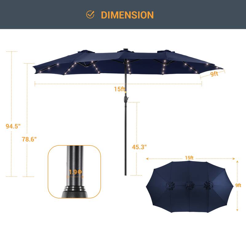 Livoosun 15×9FT LED Double-sided Patio Umbrella with BASE UPF50+ and Handle, and Wind-Resistant Design