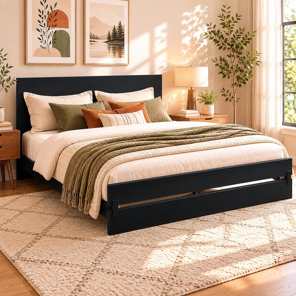 Modern Queen Bamboo Platform Bed Frame with Tall Panel Headboard by Harper&Bright Designs