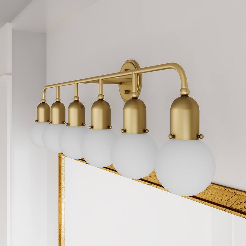 Mid-century Modern 6-light Brass Bathroom Vanity Light with Frosted Glass Globe - 44 inches