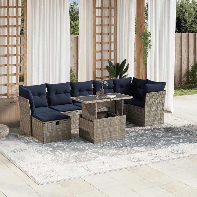 vidaXL Patio Sofa Set with Cushions and Table Outdoor Garden 8 Piece Poly Rattan - 24.4" x 24.4" x 27.2" - Gray