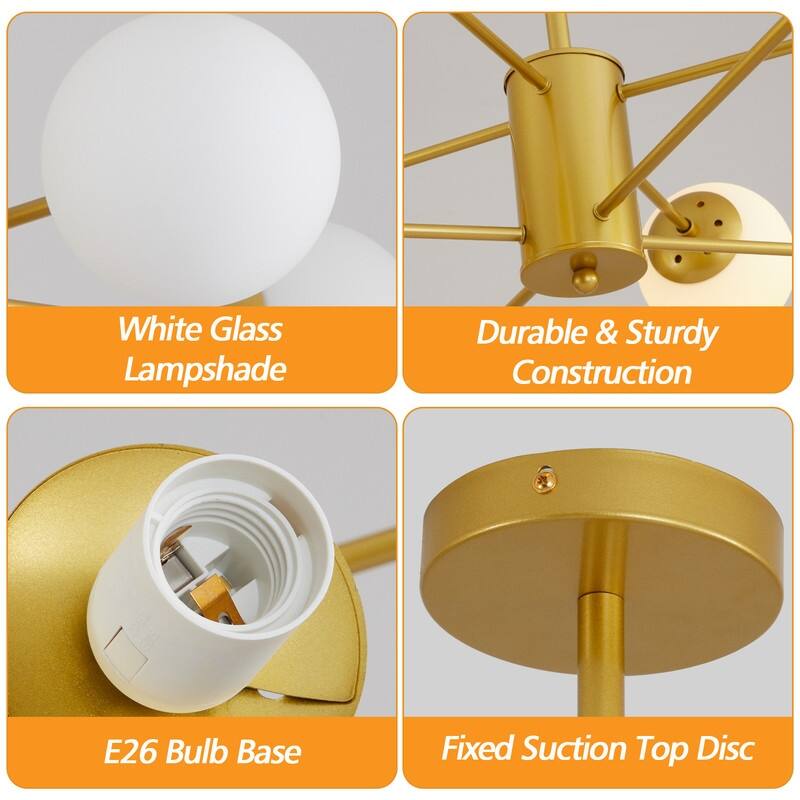 Modern Gold Sputnik Chandelier With Clear Glass Shades For Dining Room, Living Room, Or Kitchen - 8 Lights
