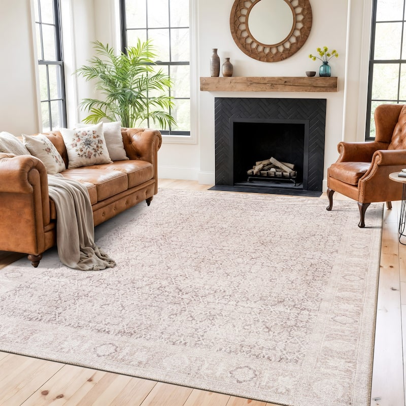 Vintage Washable Subtle Pattern Area Rug, Perfect for Any Room - 7'7" x 9'6" - Beige