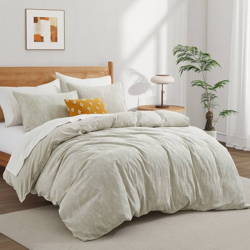 Floral Jacquard Cotton Linen Blend Duvet Cover Set, Bedding Set with Pillowcases