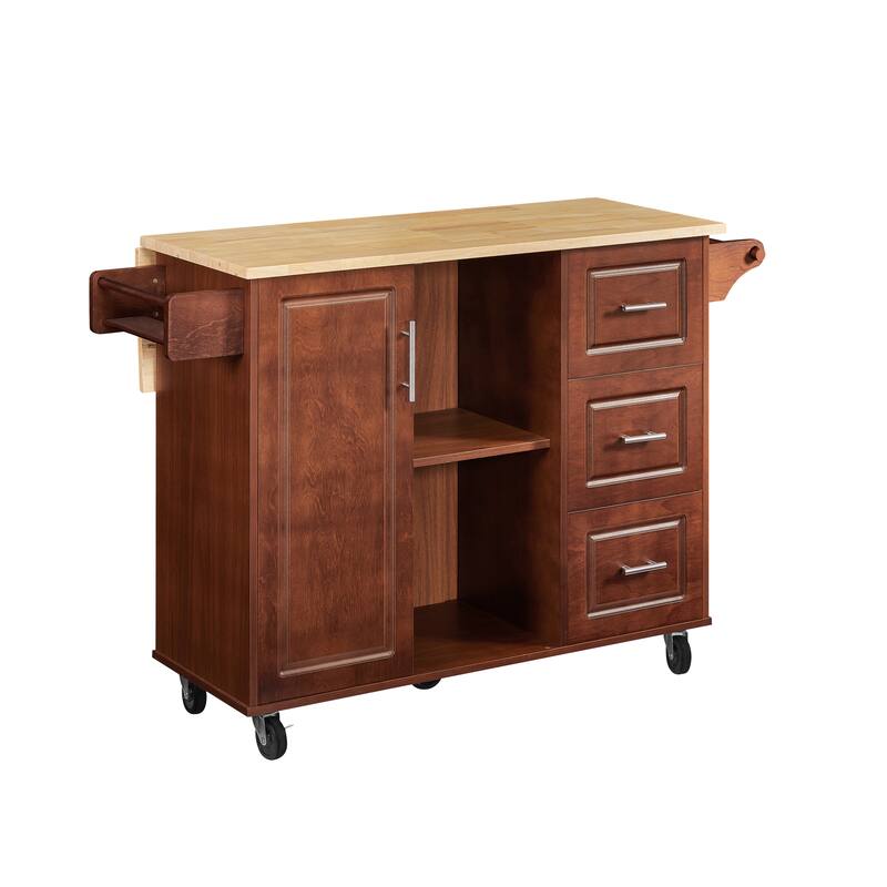 Portable Wooden Kitchen Island Cart Large Capacity with 3 Drawers, Folding Table Spice Rack and Towel Rack, for Small Spaces
