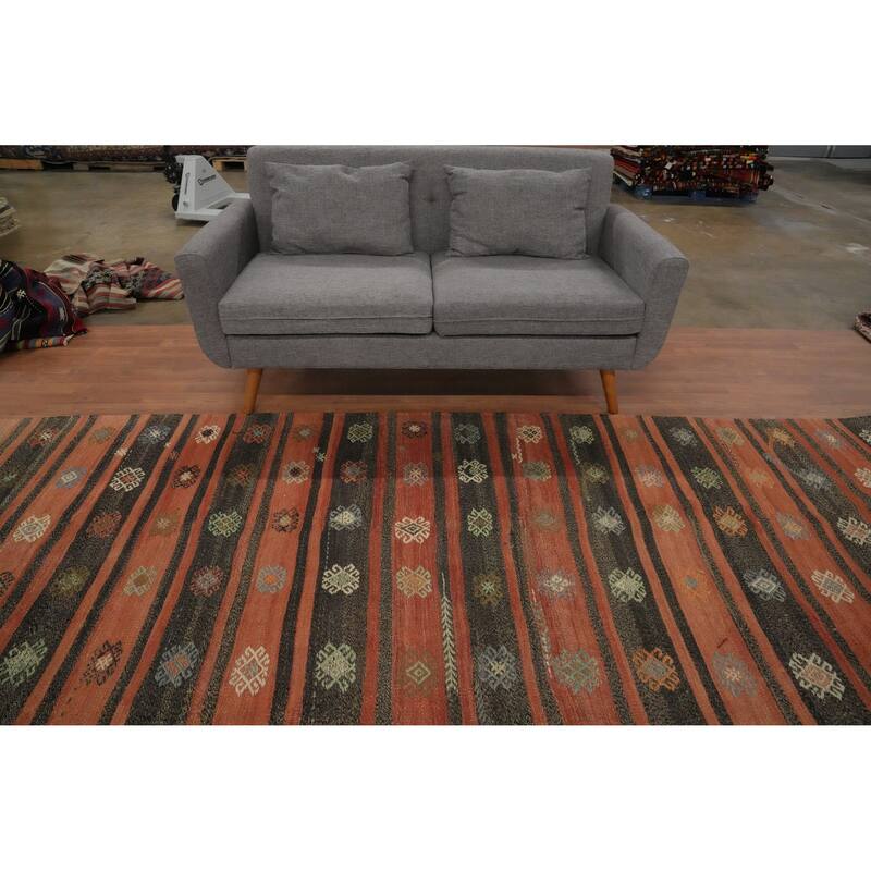 Hand Woven Oriental 100% Wool Carpet Southwestern Tribal Oranges & Rust Kilim Area Rug - 11' 11'' X 6' 4''