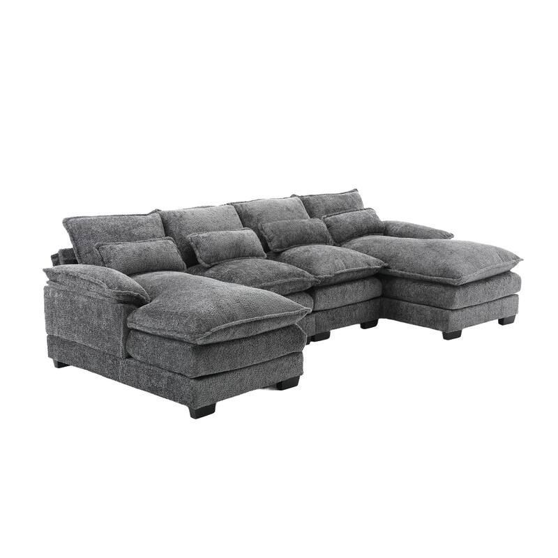 Gray Chenille U-Shape Reversible Sectional Sofa with Ottomans & Pillows