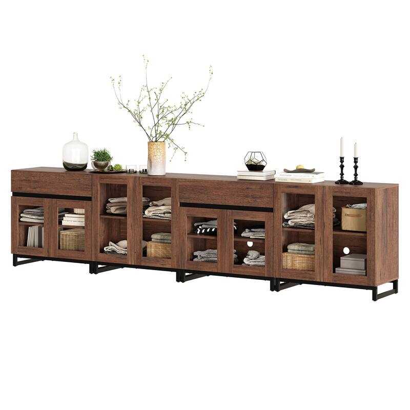 4-in-1 TV Stand for 120" TVs, Modern Console with Glass Doors & 2 Drawers, Adjustable Shelf