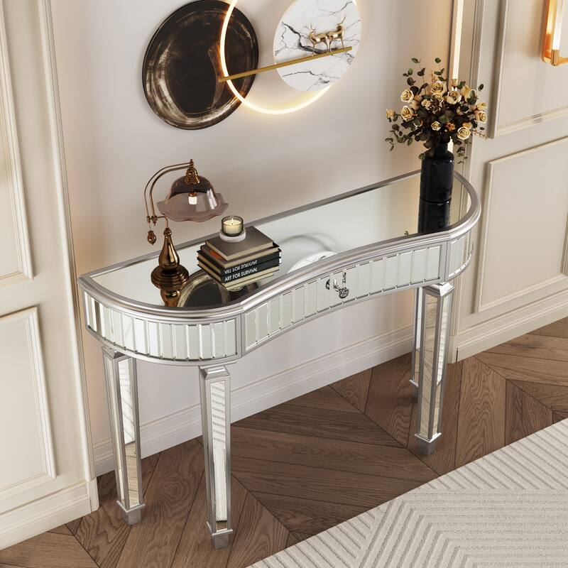 Roomfitters 47" Half-Moon Mirrored Console Table, Fluted Glass Entryway Vanity with Crystal Knob Drawer