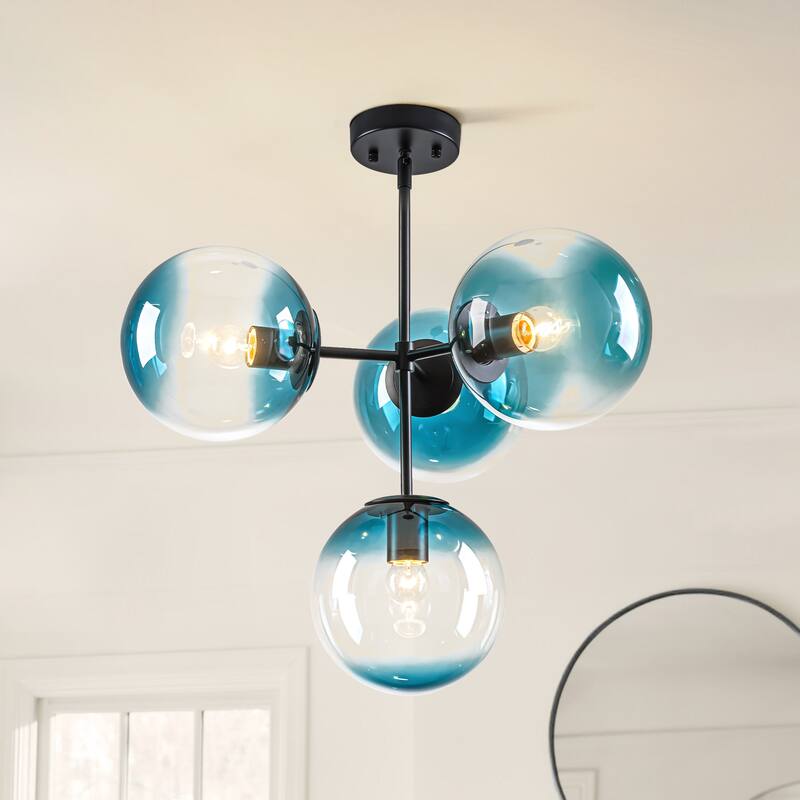 4-Light Modern Tiered Linear Sputnik Pendant Light in Brushed Gold/Black with Gradient Blue Glass Globes - Black