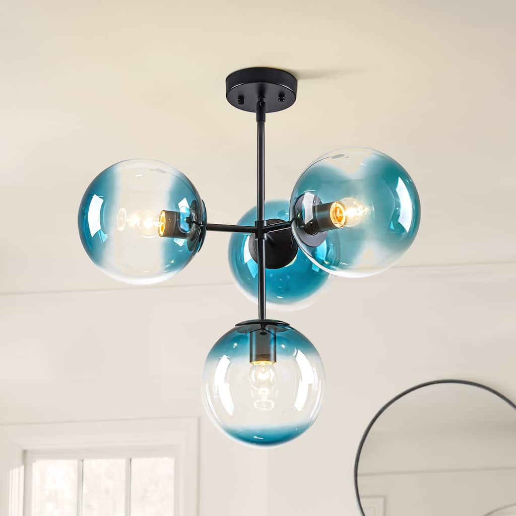 4-Light Modern Tiered Linear Sputnik Pendant Light in Brushed Gold/Black with Gradient Blue Glass Globes