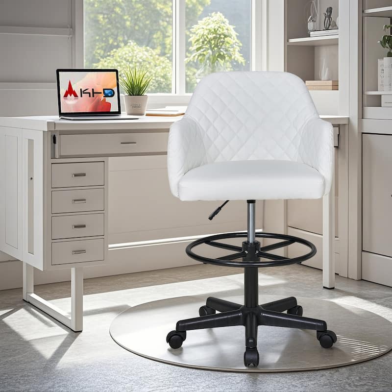VECELO PU Leather Drafting Chairs with Adjustable Height Diamond-Stitched 360° Swivel Task Chair with Metal Frame