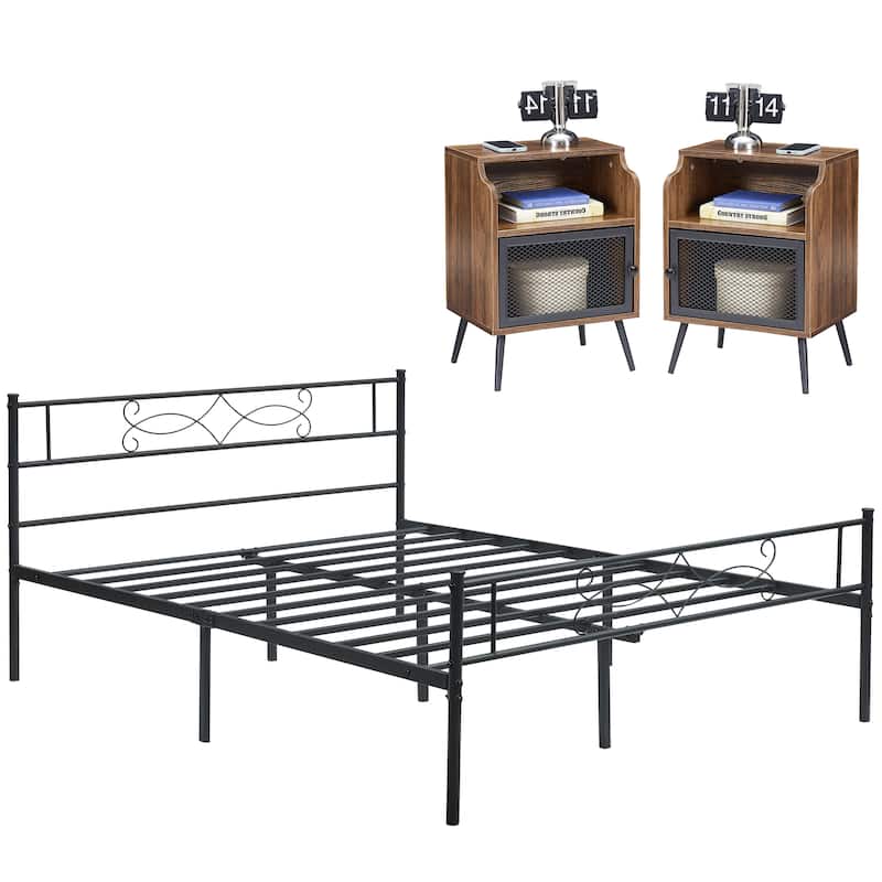 Taomika 3-pieces Bedroom Set with Metal Bed Frame and Nightstands - Queen