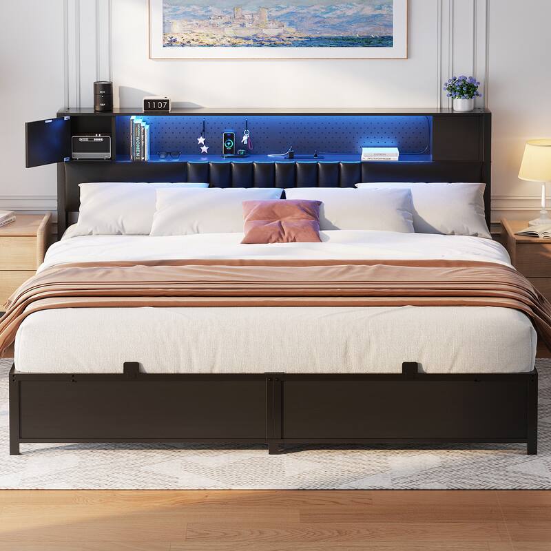 Farmhouse Bed Frame with Holey Board, Upholstered Headboard Platform Bed with Charging Station - Black - King