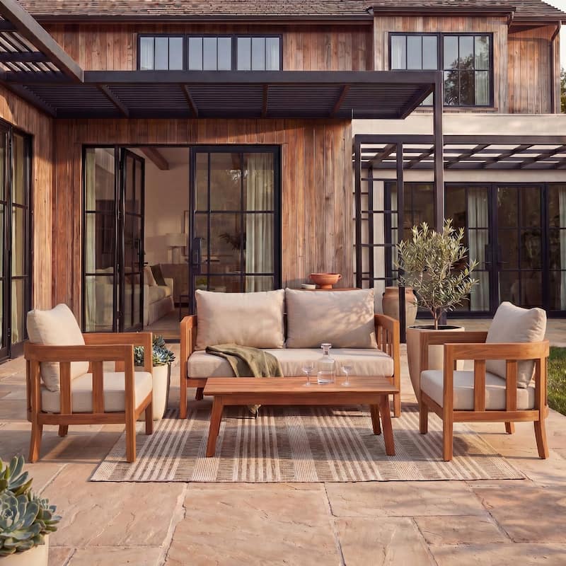 SAFAVIEH Owen 4-Piece Solid Wood Patio Conversation Set - 52"W x 30"D x 25"H