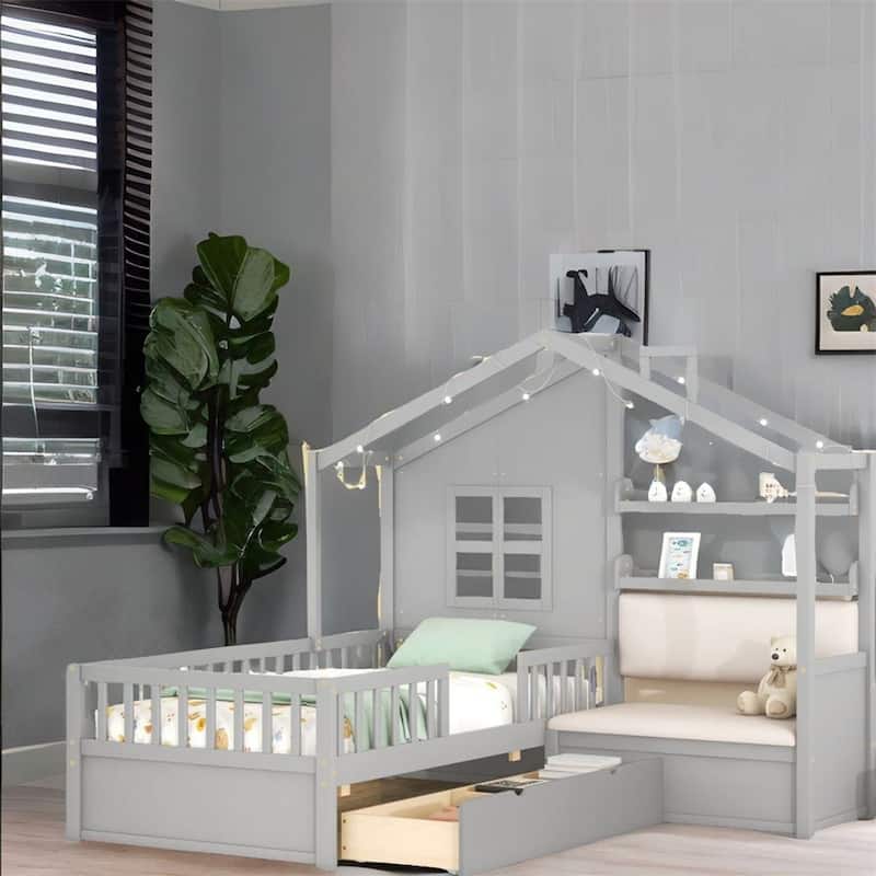 Twin Size Kids Platform Bed with Sofa and Storage Shelf - Gray