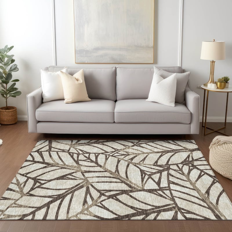 Machine Washable Indoor/ Outdoor Chantille Modern Palm Rug