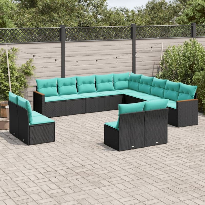 vidaXL 13 Piece Patio Sofa Set with Cushions Black Poly Rattan - 21.7x27.2x24.4-Without table