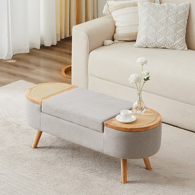 Ottoman Storage Bench with Rattan,Linen Seat